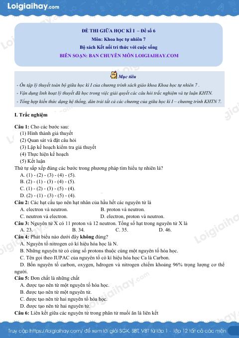 Đề thi giữa kì 1 KHTN 7 Kết nối tri thức - Đề số 6